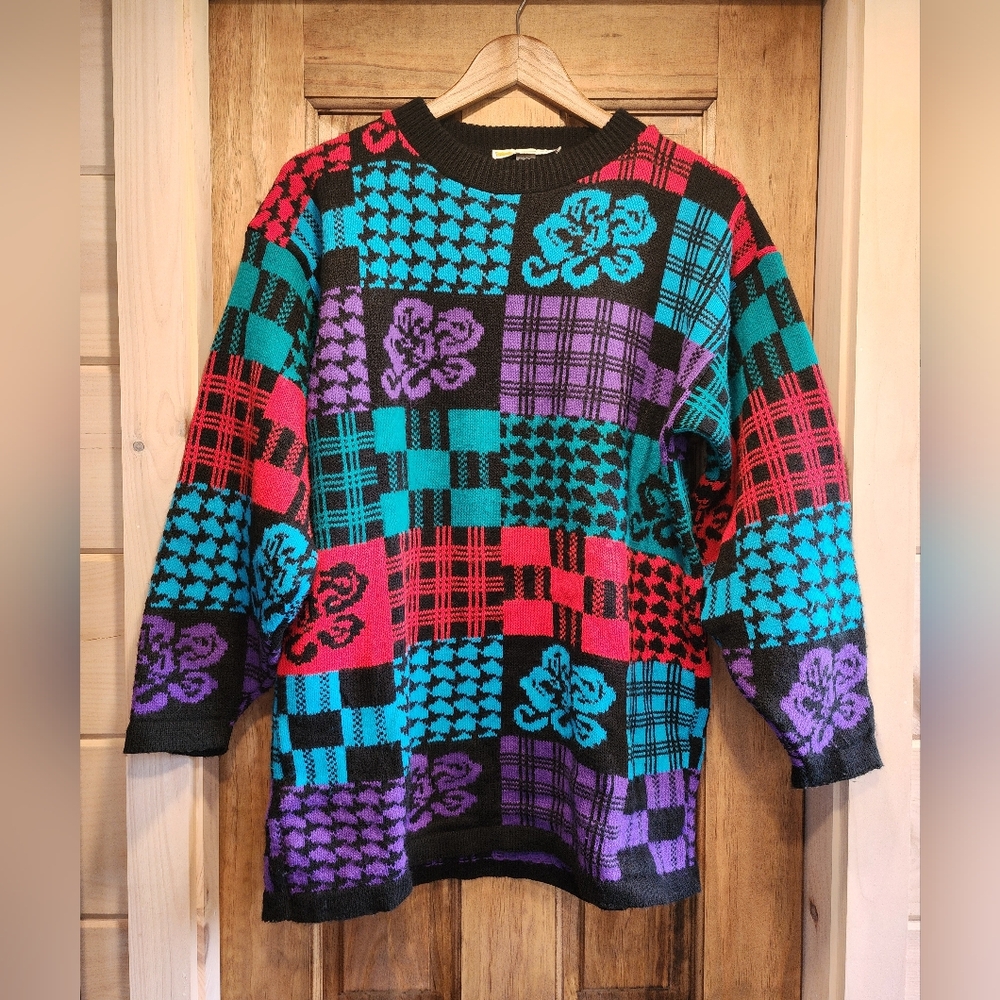 Vintage 80s Traffic Jam Colorblock Geometric Sweater